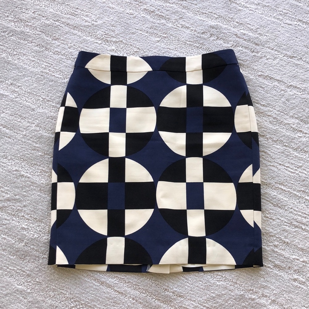 J Crew pencil skirt blue, white and black pattern